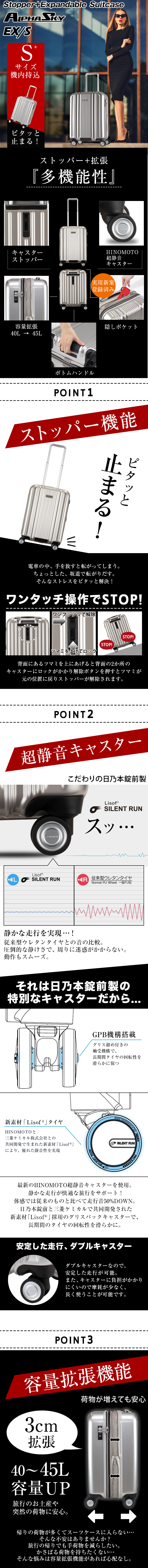 30％OFF】ALPHA SKY（アルファ スカイ）EX/S 50cm 容量:40L（45）/ 重量:3.3kg【999-50EX/S】【スーツケース  キャリーケース ハード 軽い 軽量 修学旅行 出張 ビジネス 大容量 多機能 機能的 機内持ち込み ストッパー エキスパンダブル 静音キャスター  HINOMOTO】【S+ ...
